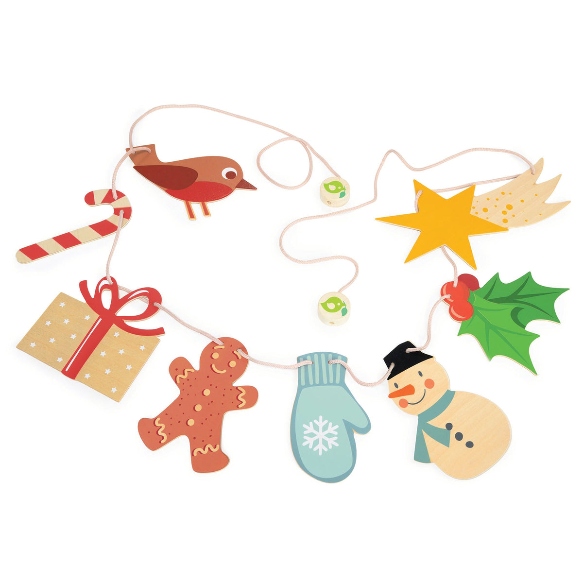 Decorative string with Christmas-themed items including a bird, star, candy cane, gift, gingerbread man, mittens, and snowman on a white background.