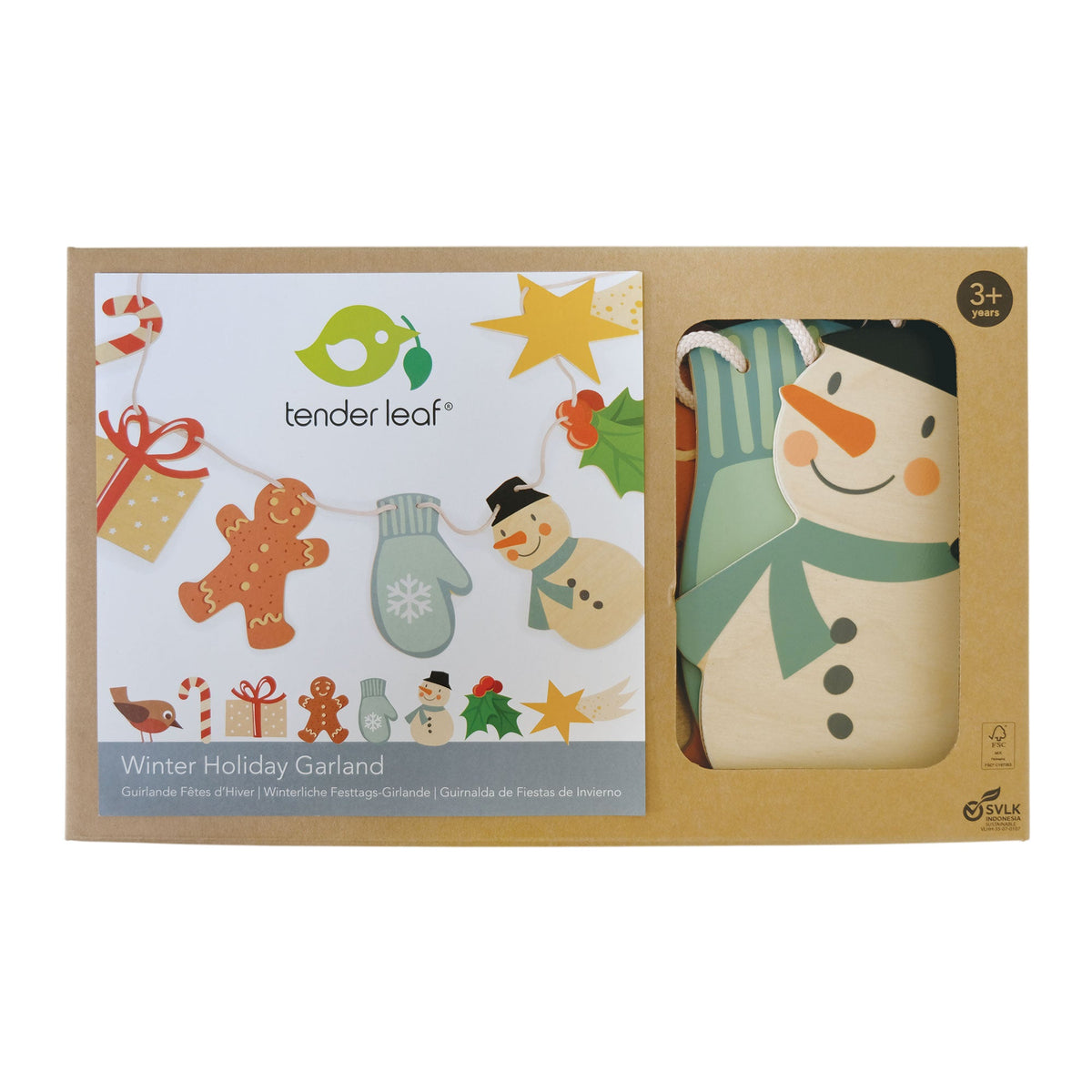 Tender Leaf winter holiday garland packaging with a snowman design.