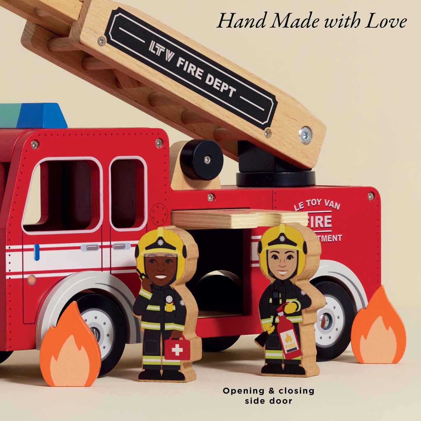 Wooden Fire Engine Toy with Figures for Toddlers