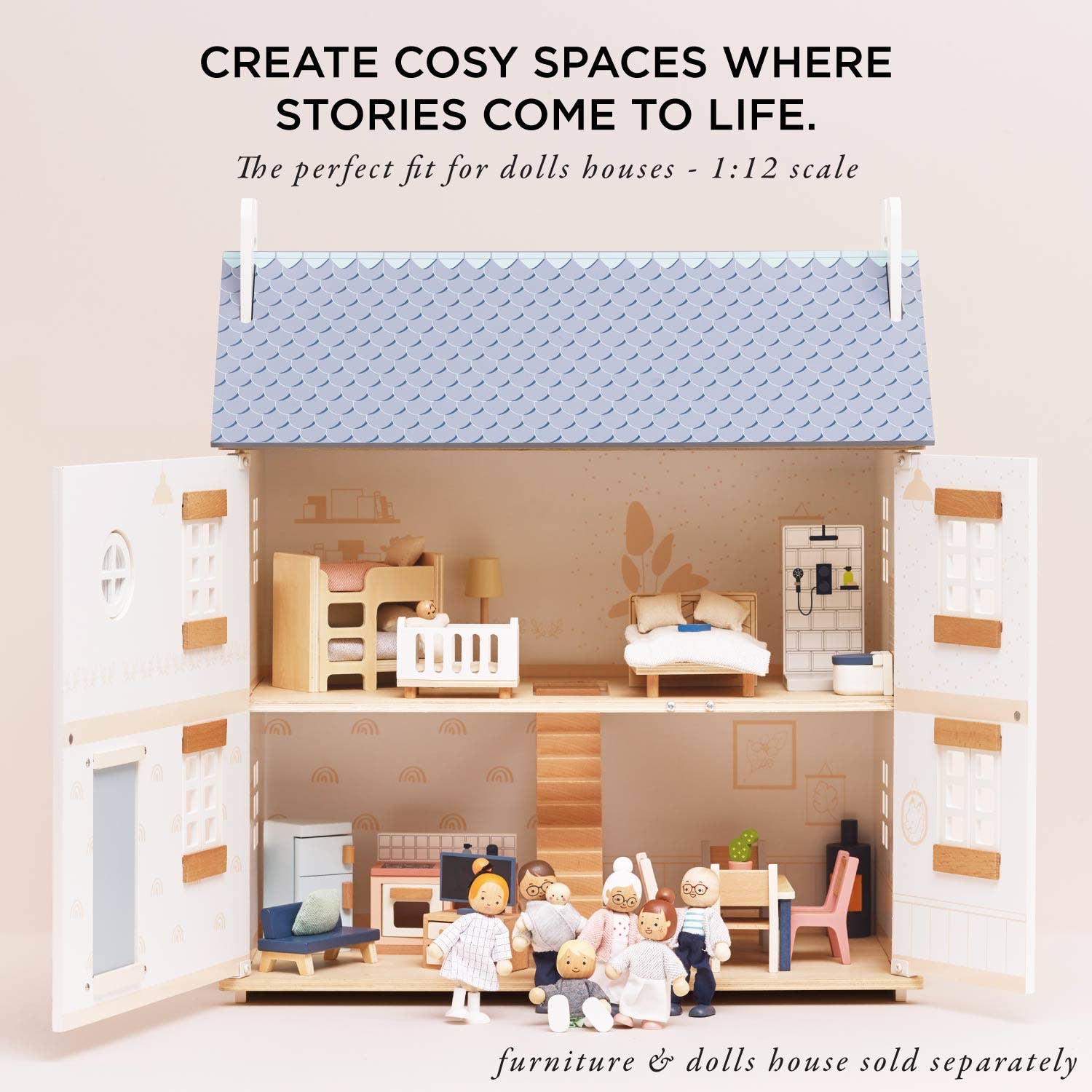 Dollhouse with furniture and dolls, text about creating cozy spaces for stories.