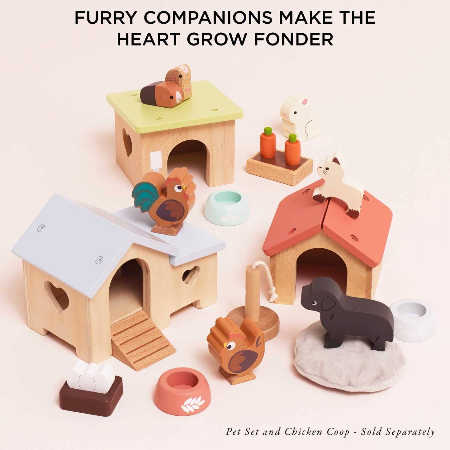 Wooden animal toys with houses and animals on a light background, featuring text about companionship.