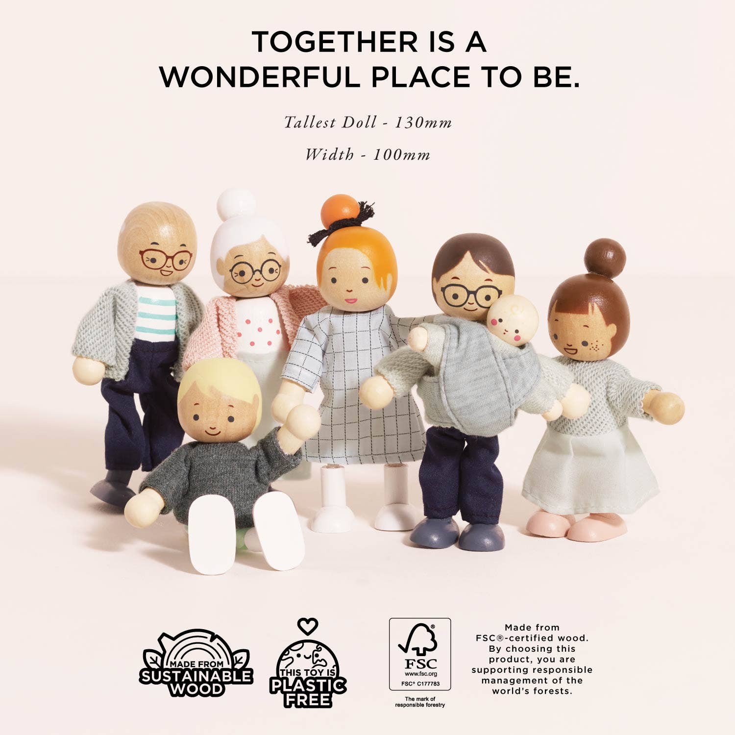 Set of wooden dolls with text about sustainability and dimensions on a light background