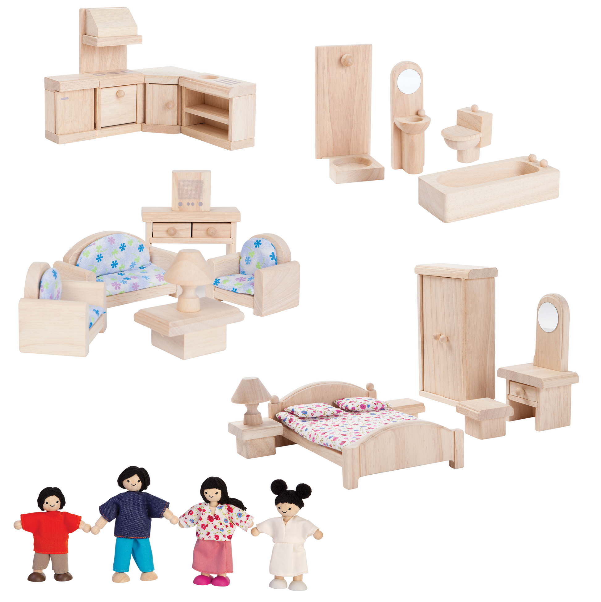 PlanToys Doll House Furniture and Doll Family Collection D