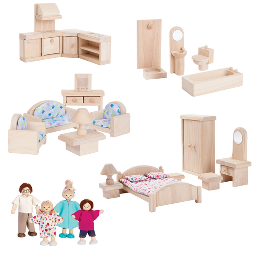 PlanToys Victorian Dollhouse Room Set Bundle – 4 Rooms + Doll Family