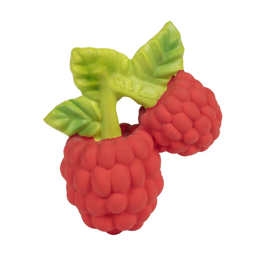 Red raspberry-shaped toy with green leaves on a white background