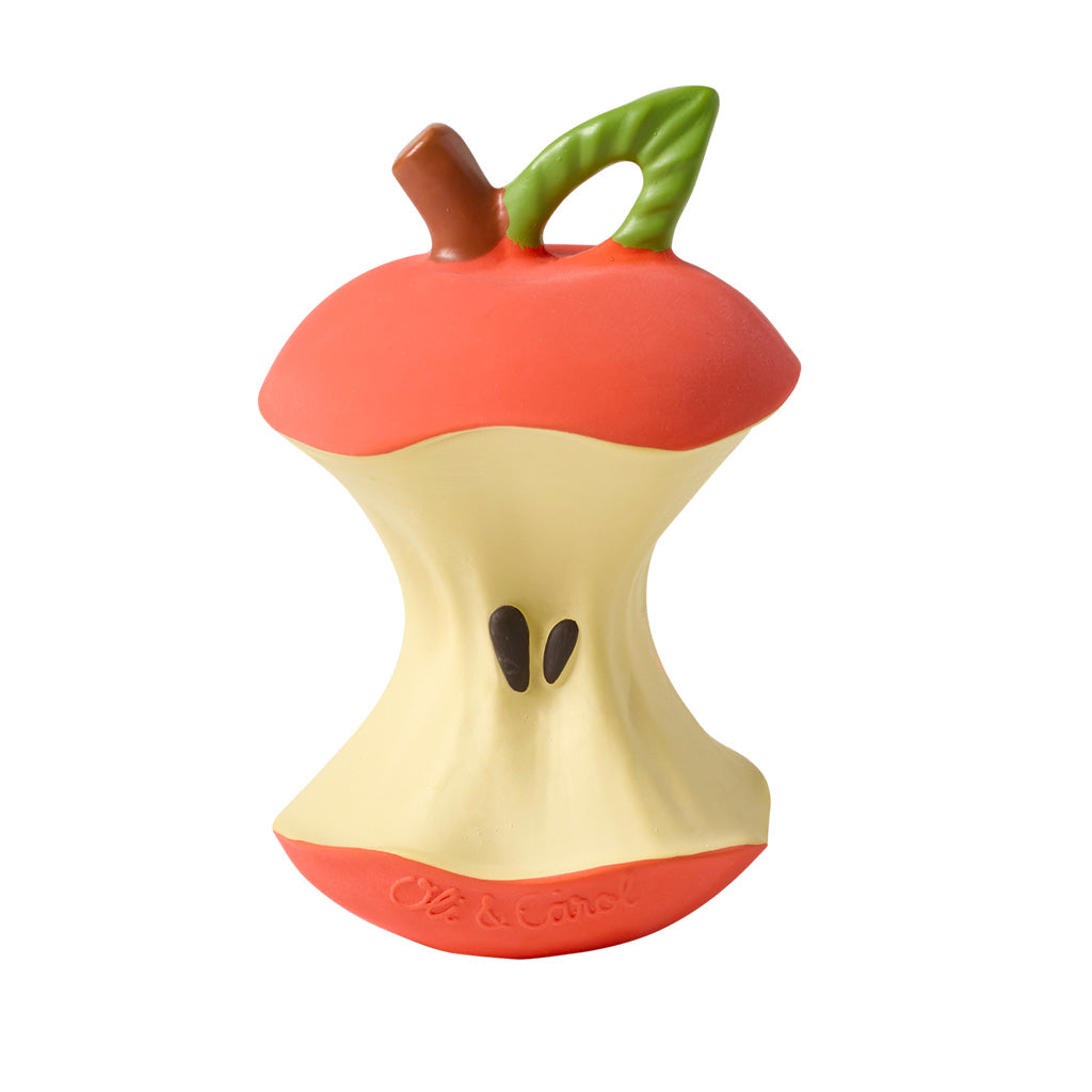 Toy shaped like a red apple with a green stem on a white background