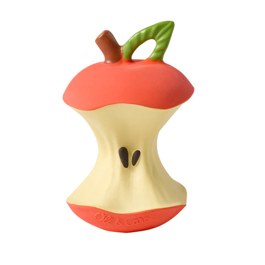 Toy shaped like a red apple with a green stem on a white background