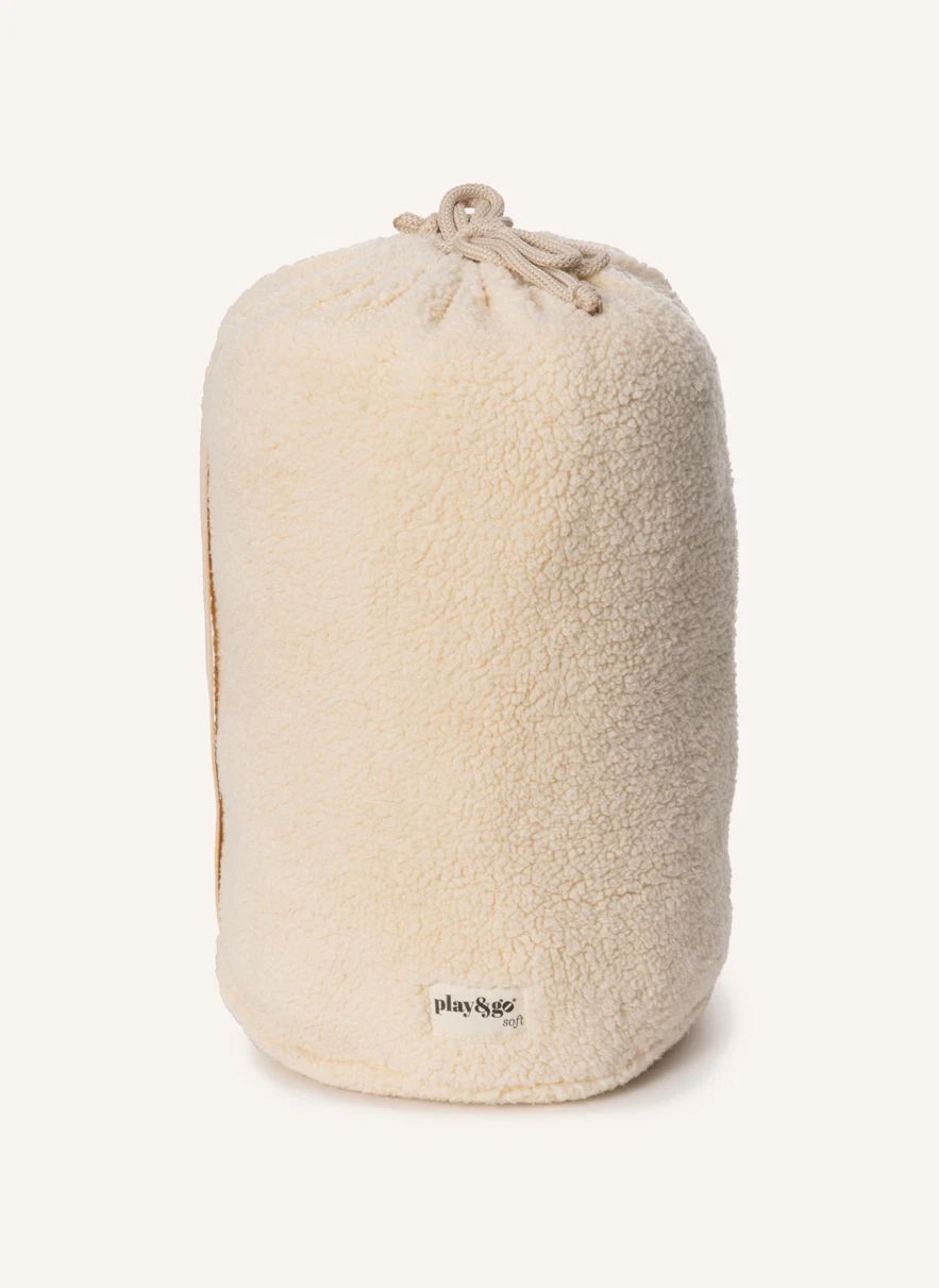 A cream-colored, sherpa fleece drawstring storage bag with a small white 'play&see' brand label near the bottom, set against a solid off-white background.
