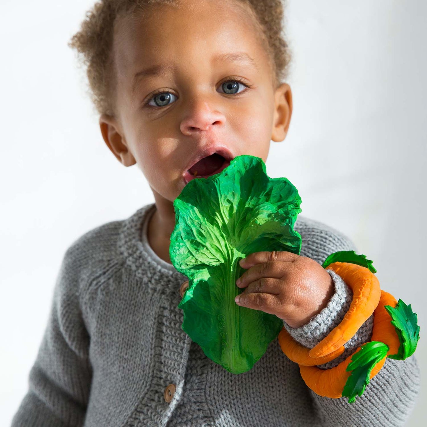 Natural Rubber Baby Teether – Oli & Carol Kendall the Kale | Mucky Wolf