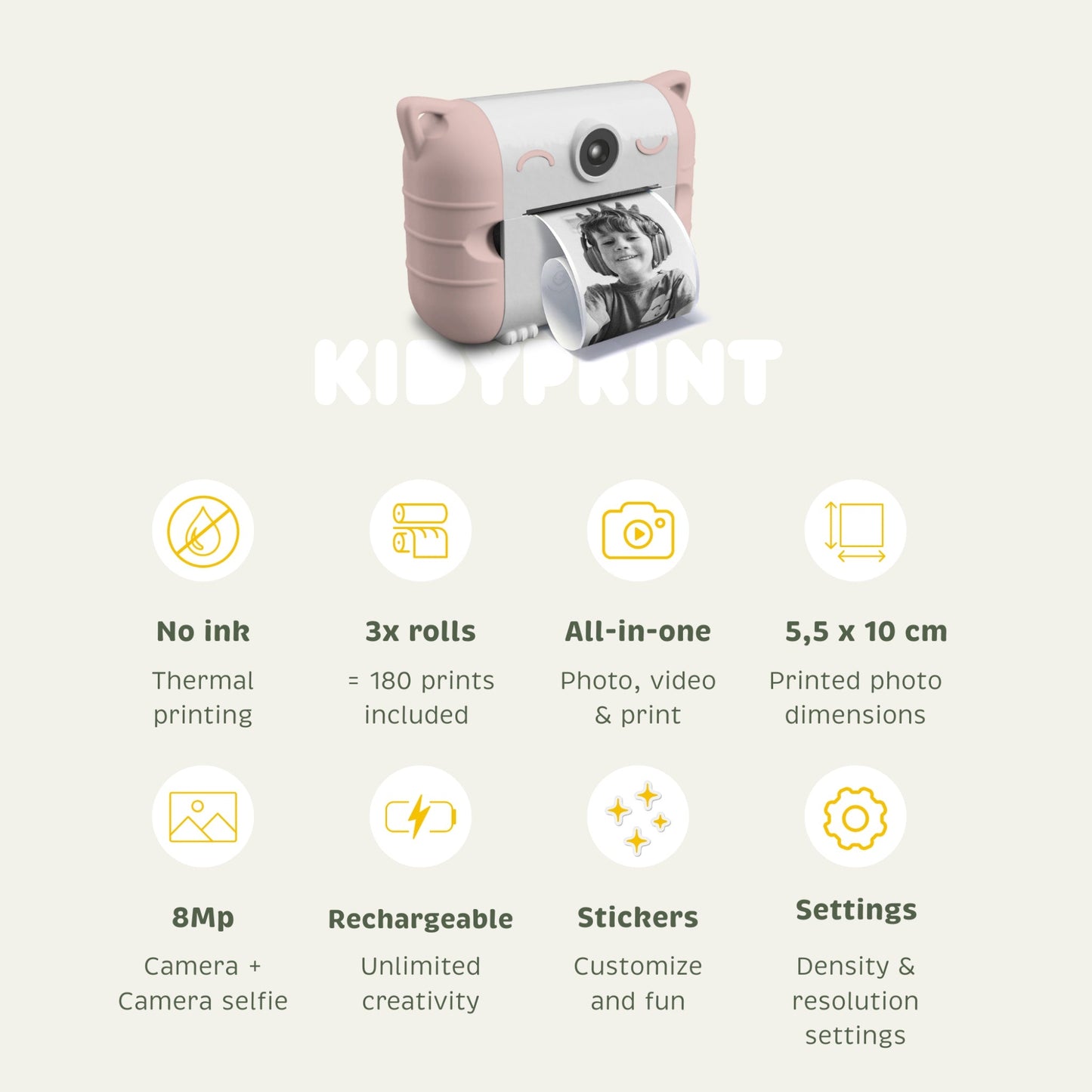 KIDYPRINT Instant Print Camera for Kids | Pink | Ink-Free | Ages 5+