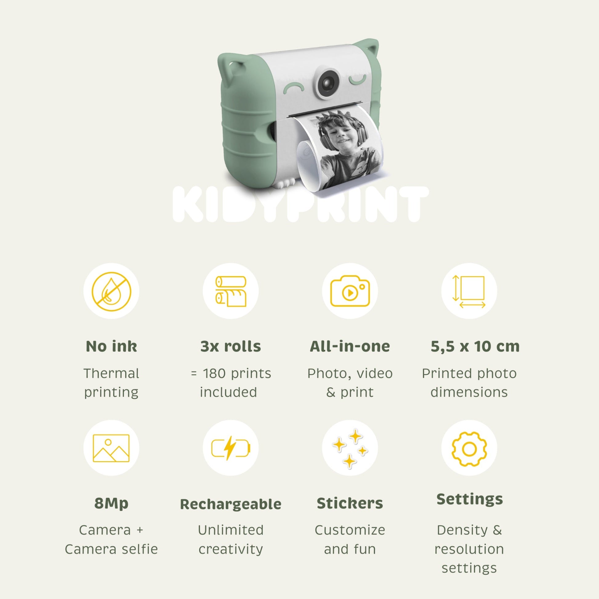 KIDYPRINT Instant Print Camera for Kids | Green | Ink-Free | Ages 5+