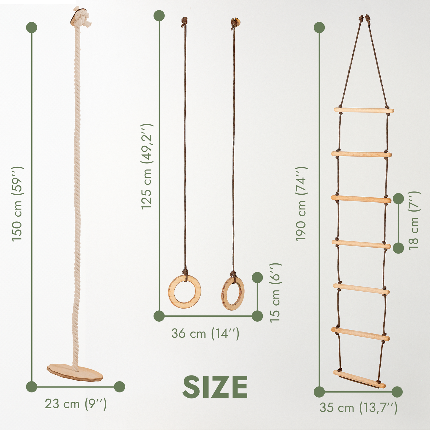 3in1 Swing Set: Disc Rope Swing + Gymnastic Rings + Rope Ladder