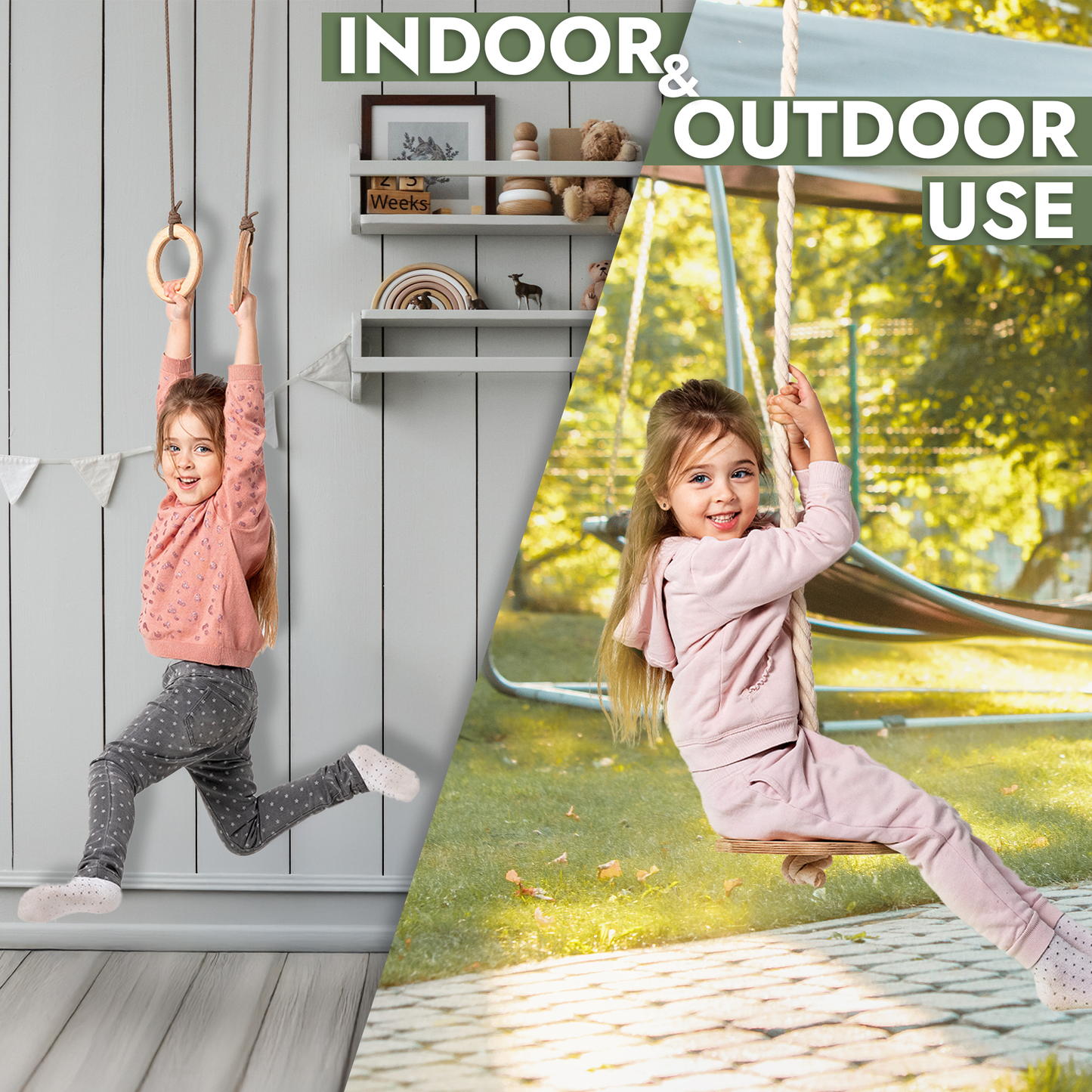 3in1 Swing Set: Disc Rope Swing + Gymnastic Rings + Rope Ladder
