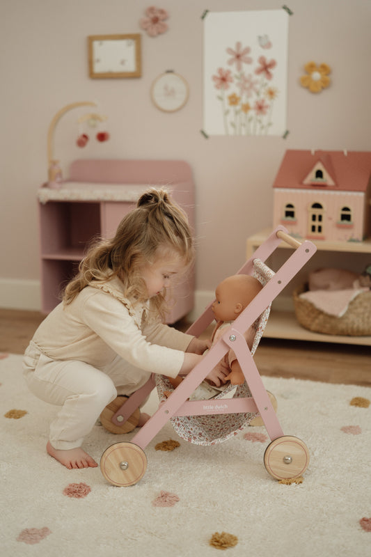 Little Dutch Wooden Dolls Stroller - Flowers &amp; Butterflies
